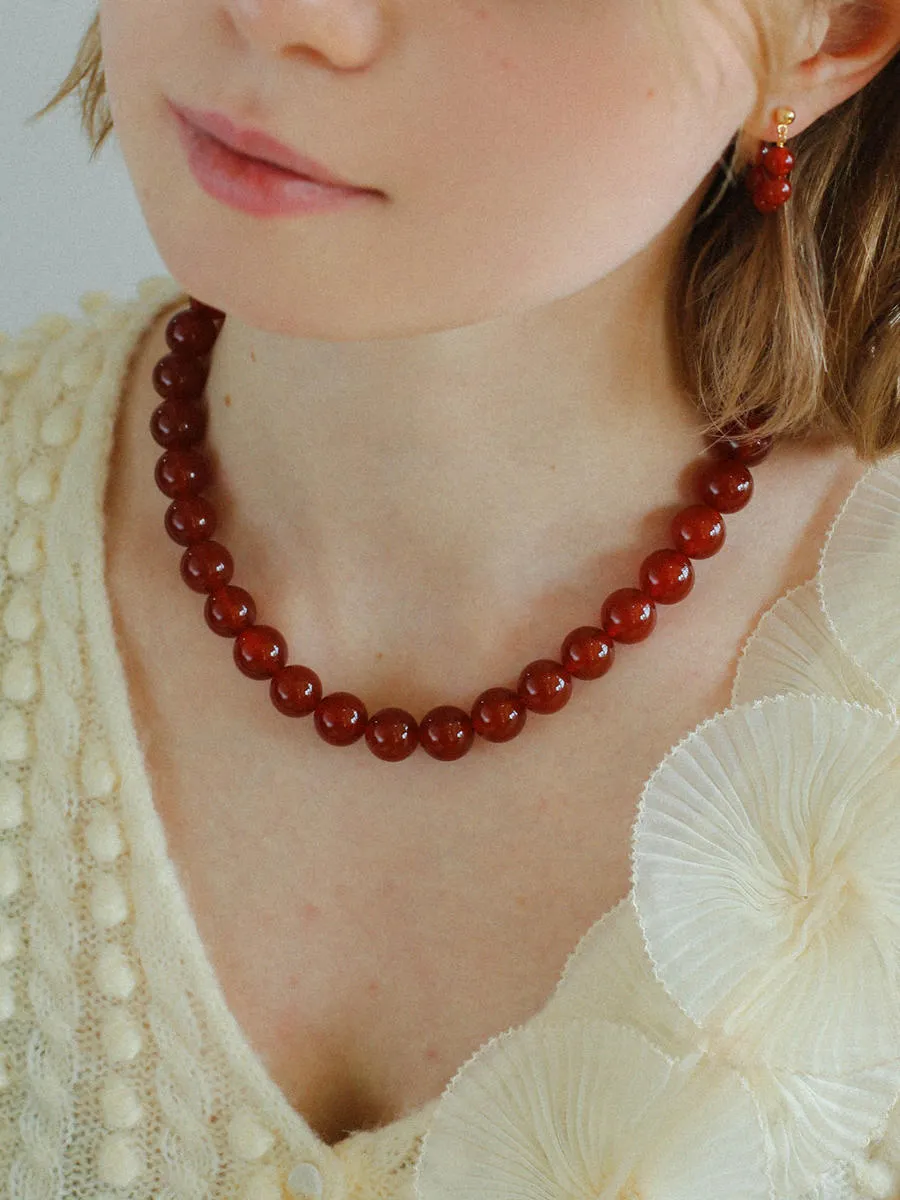 Vintage Red  Agate 12mm Round Beaded Necklace