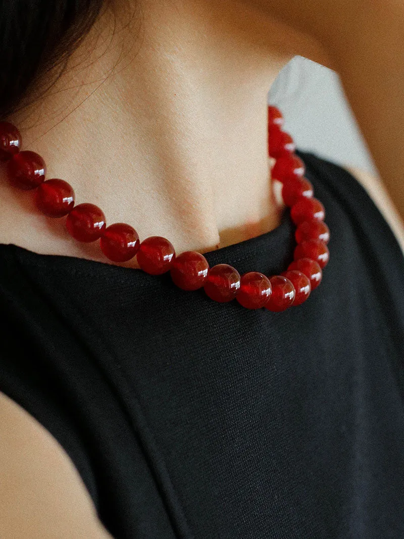 Vintage Red  Agate 12mm Round Beaded Necklace