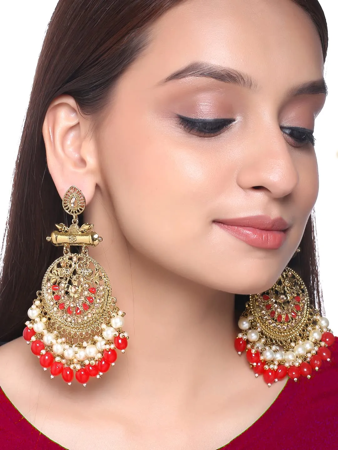 Yellow Chimes Earrings for Women and Girls Kundan Earrings | Red Danglers Earrings for Women Gold Plated Peacock Shaped Long Earrings | Birthday Gift for girls and women Anniversary Gift for Wife